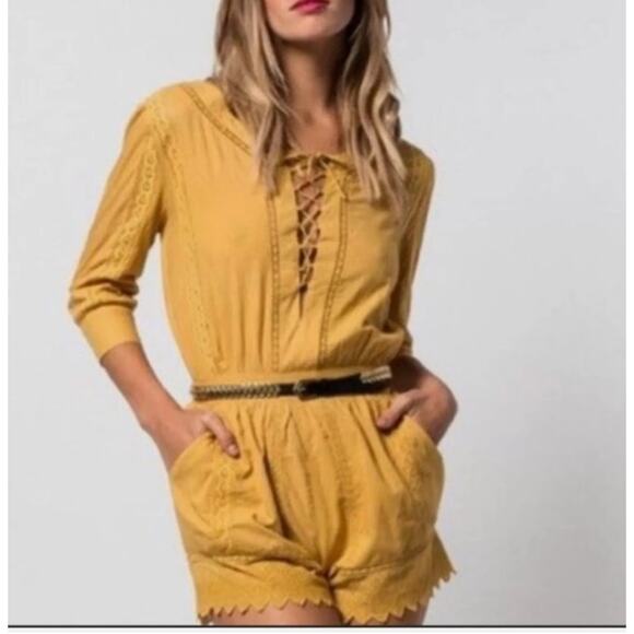 TulaRosa Balboa Romper Playsuit in Mustrad Yellow M Crochet Lace Delicate Boho - Picture 1 of 13